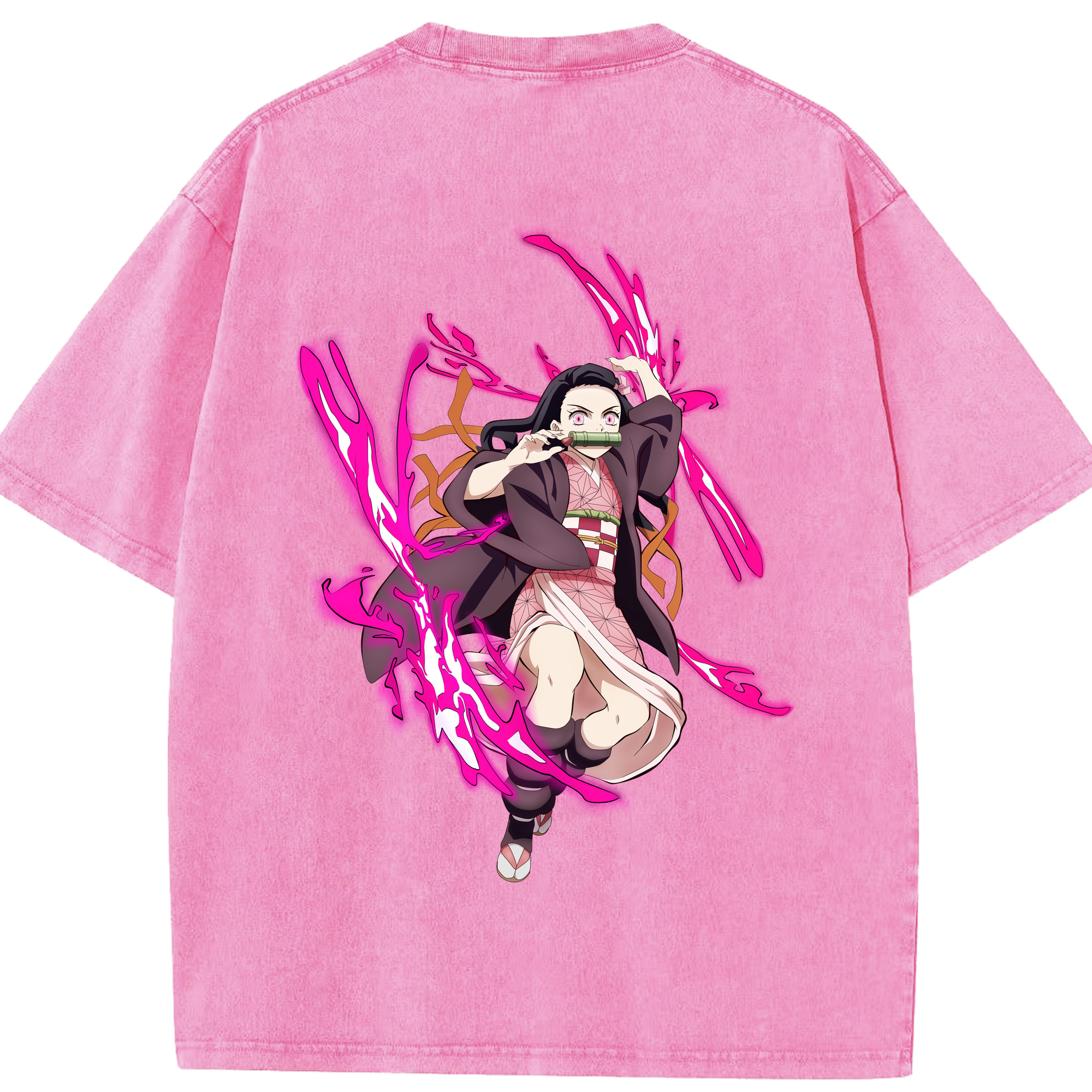 （画像用） 鬼滅の刃（きめつのやいば）竈門 禰󠄀豆子／かまど ねずこ Kamado Nezuko 綿100% ヴィンテージ風 半袖Tシャツ（背面プリント）